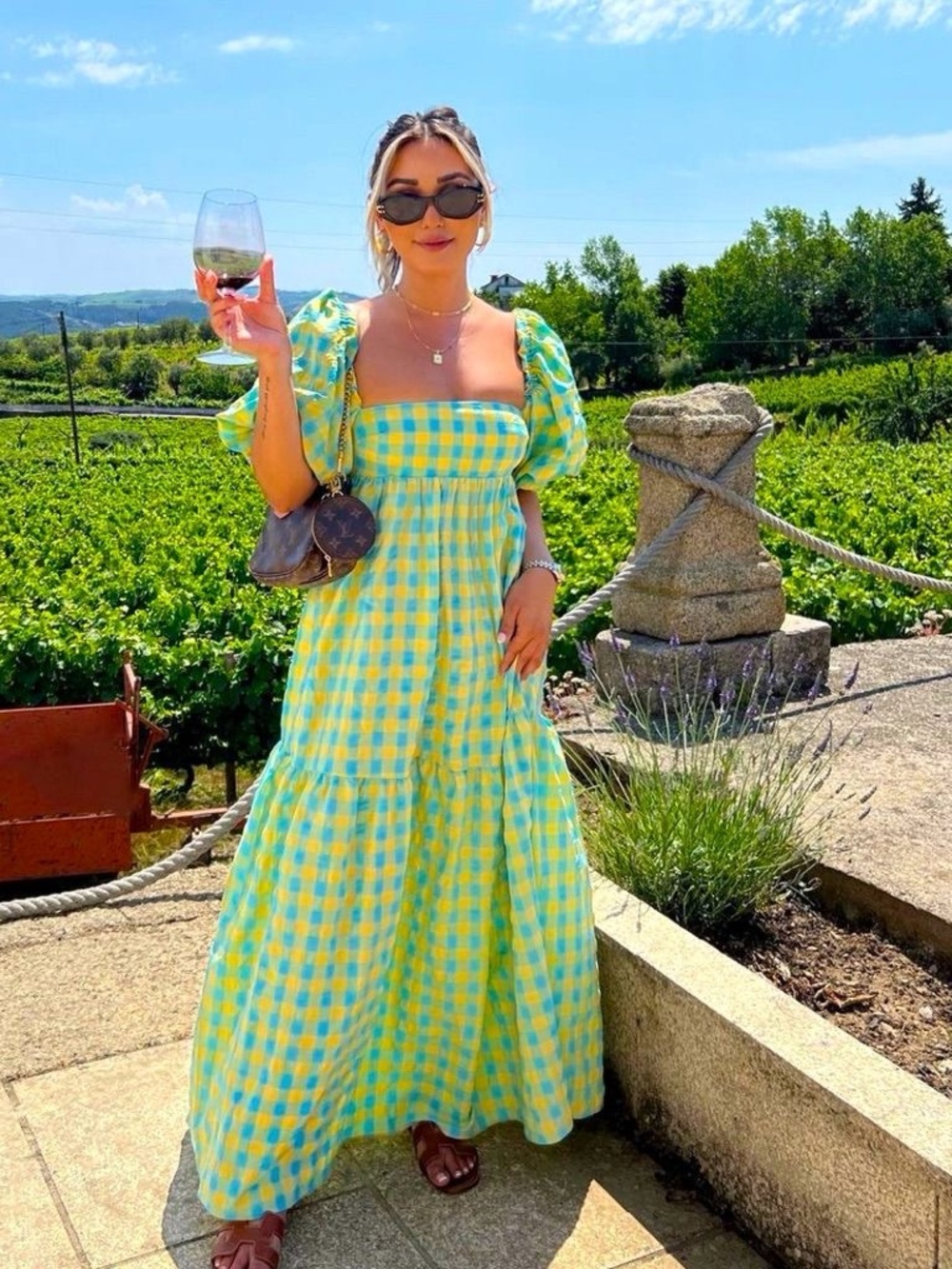 Zara gingham puff sleeve maxi dress size S blue yellow